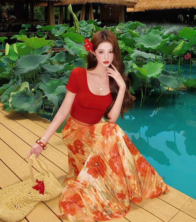 Painting big flower tops red retro T-shirt a set