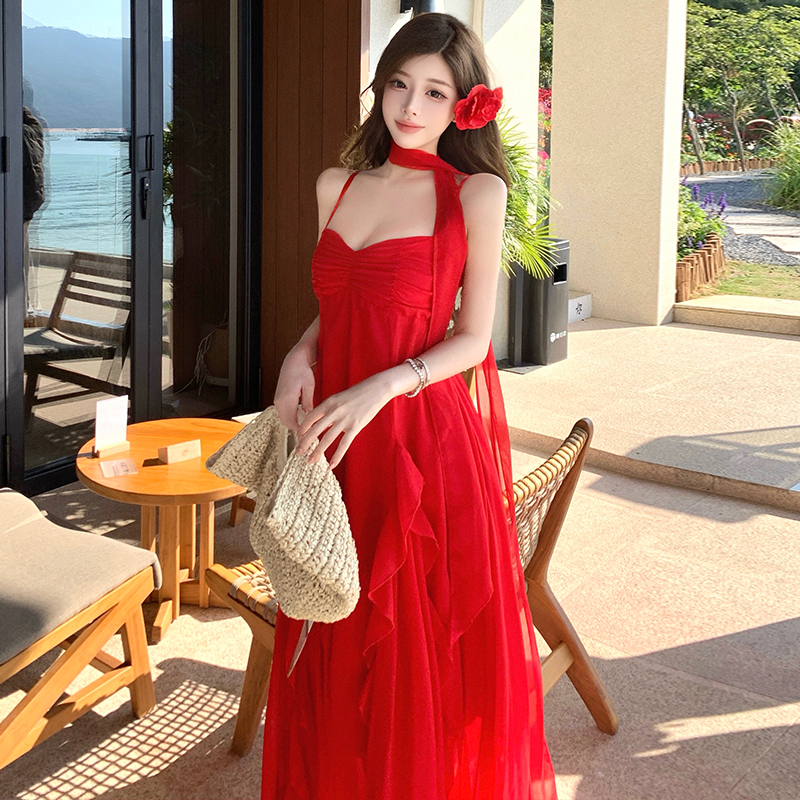 Streamer printing long dress A-line summer dress for women