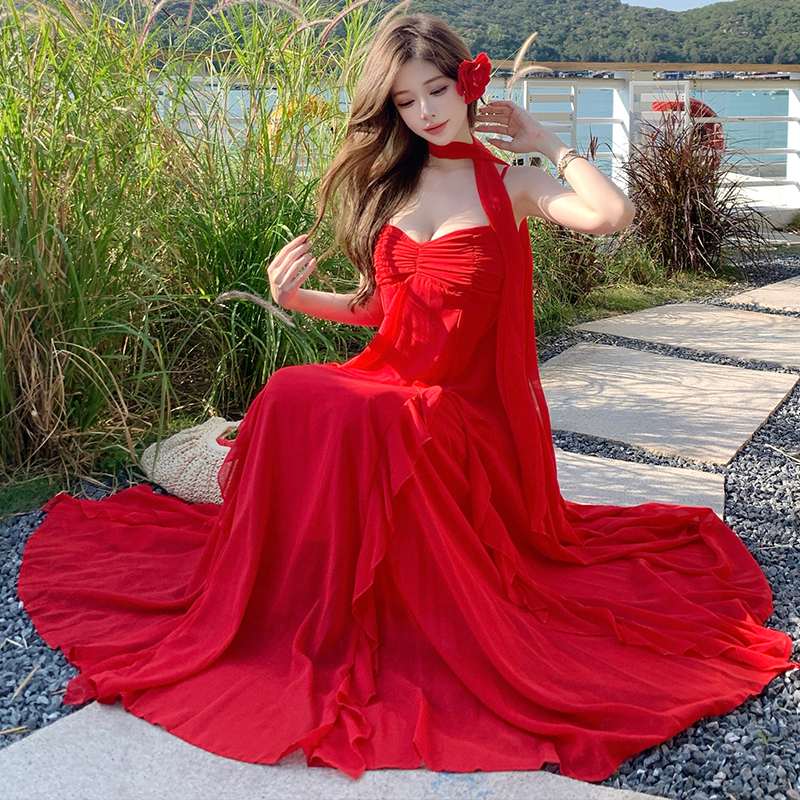 Streamer printing long dress A-line summer dress for women