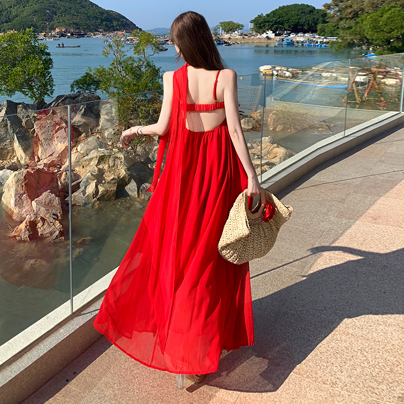 Streamer printing long dress A-line summer dress for women