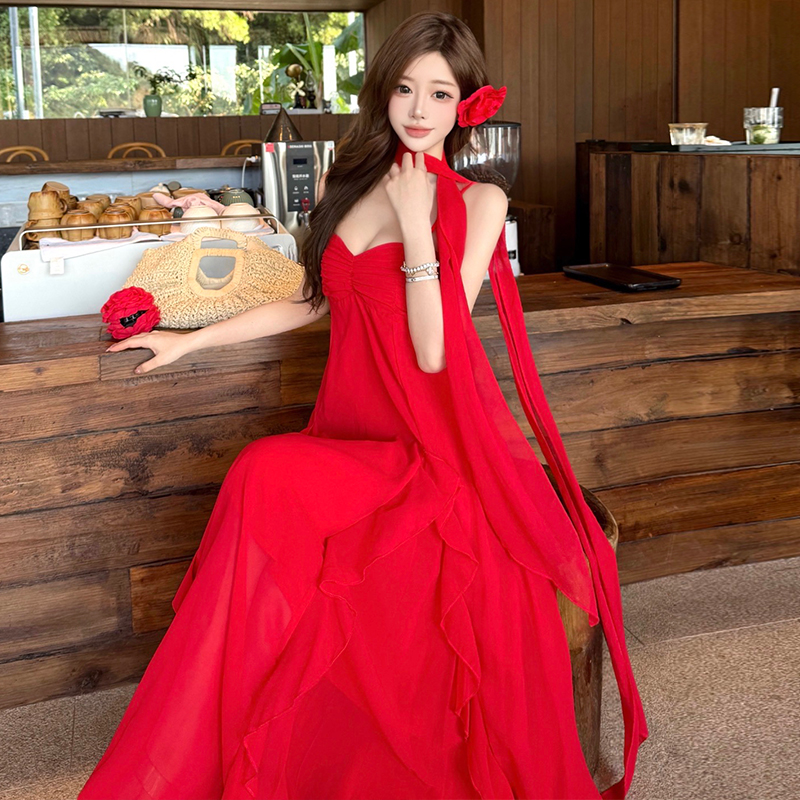 Streamer printing long dress A-line summer dress for women