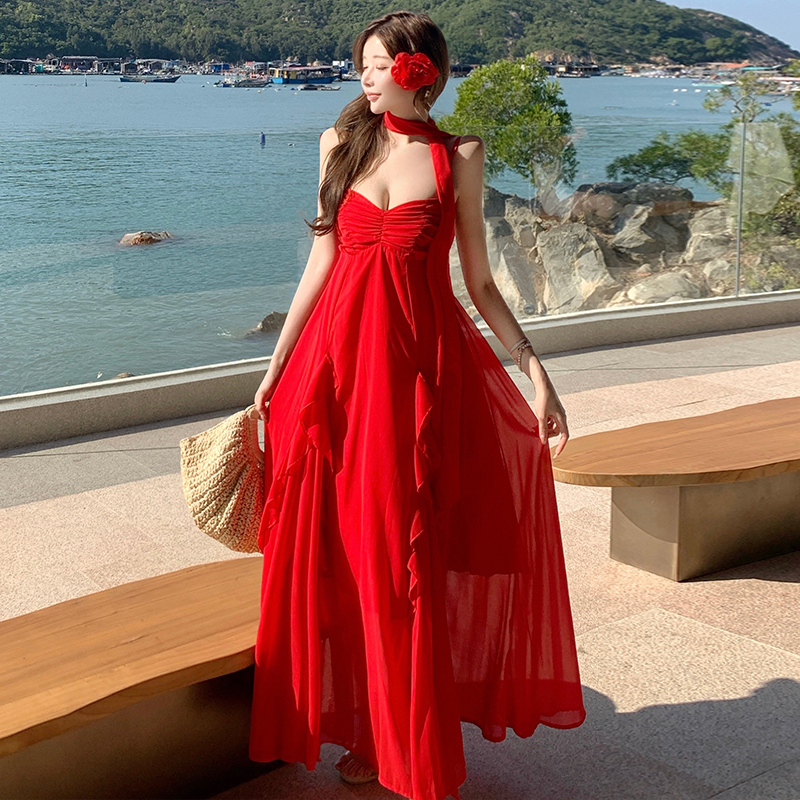 Streamer printing long dress A-line summer dress for women