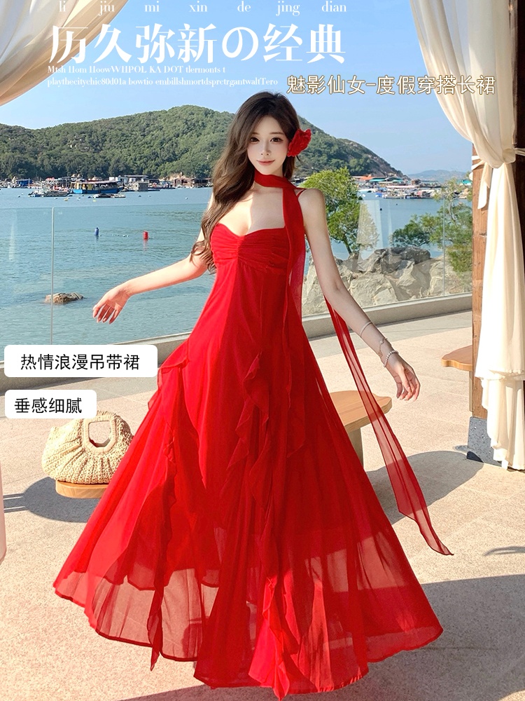 Streamer printing long dress A-line summer dress for women
