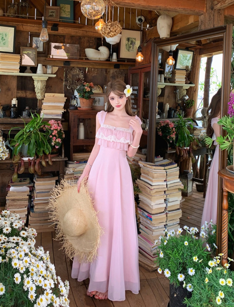 Summer slim lace long dress pinched waist sexy dress for women