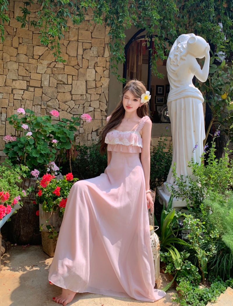 Summer slim lace long dress pinched waist sexy dress for women