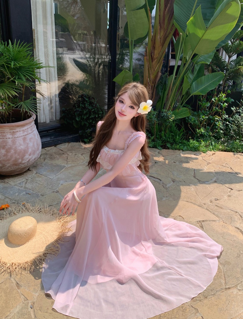 Summer slim lace long dress pinched waist sexy dress for women