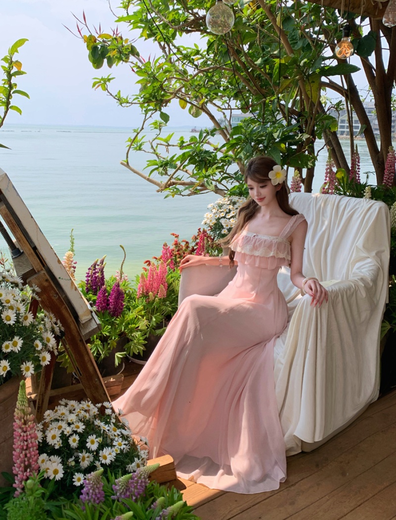 Summer slim lace long dress pinched waist sexy dress for women