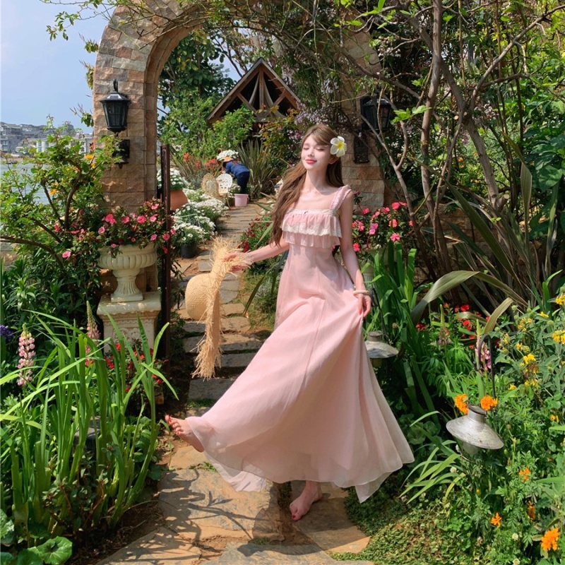 Summer slim lace long dress pinched waist sexy dress for women