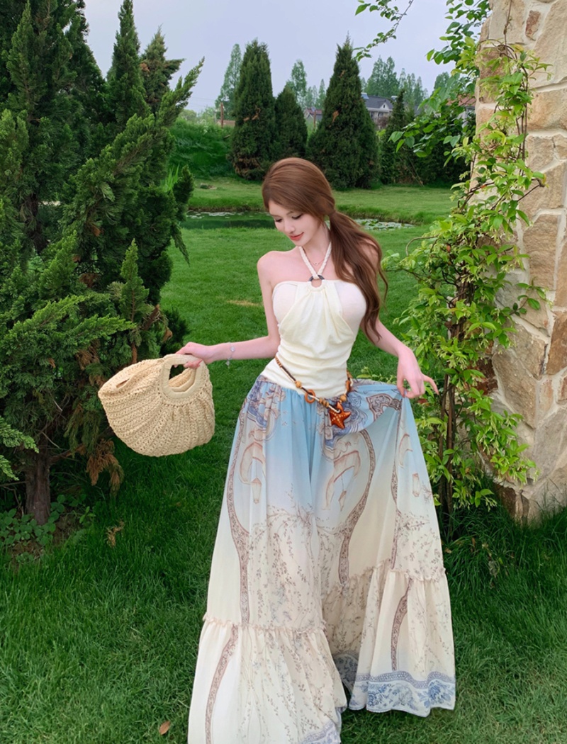 Summer printing halter dress sling slim long dress for women
