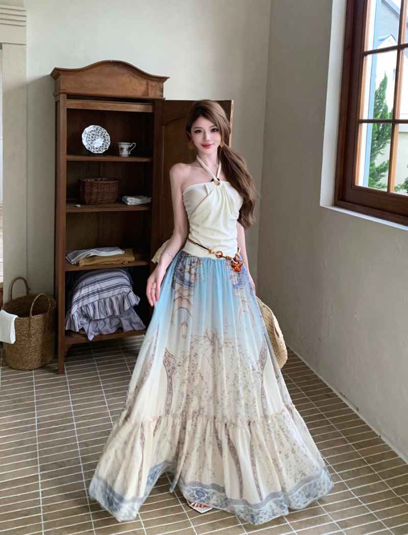 Summer printing halter dress sling slim long dress for women