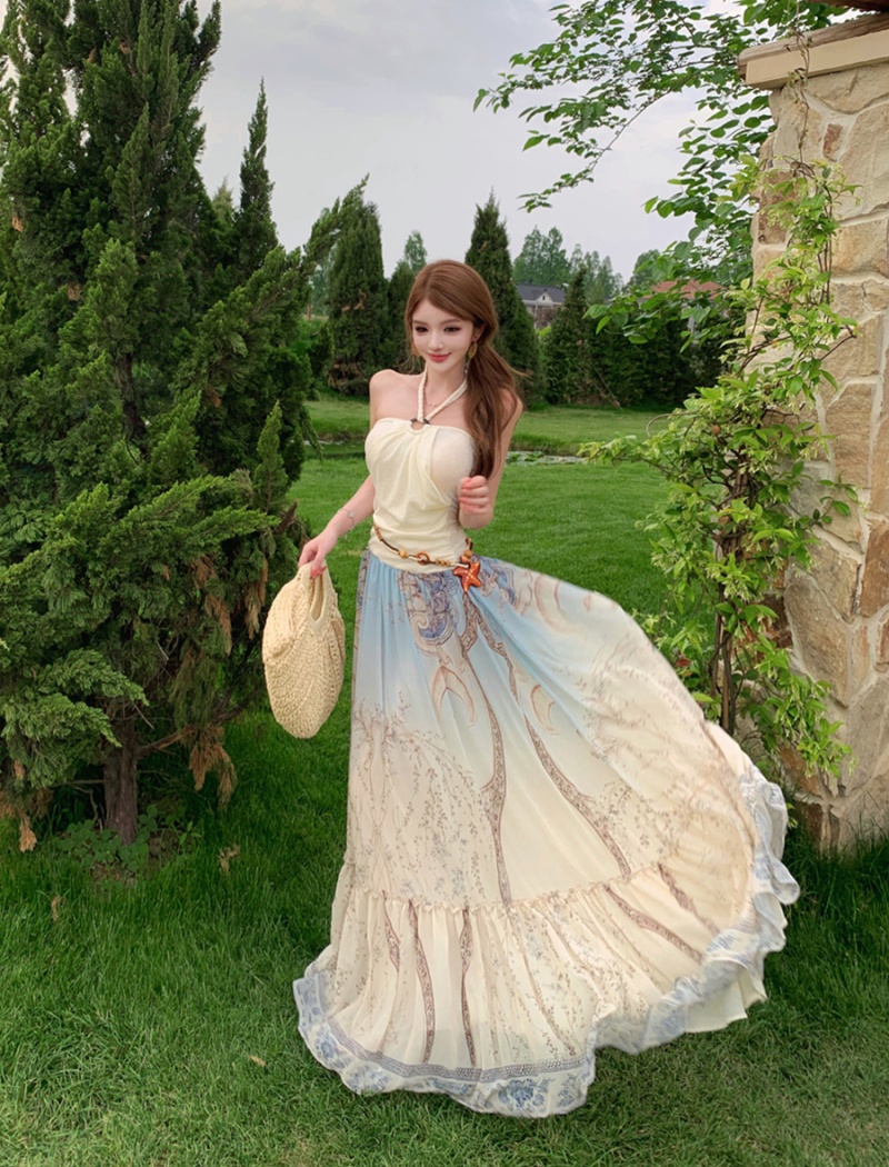 Summer printing halter dress sling slim long dress for women