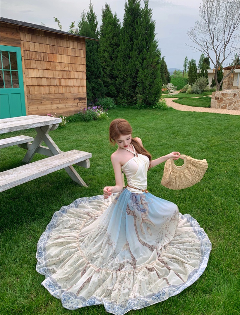 Summer printing halter dress sling slim long dress for women