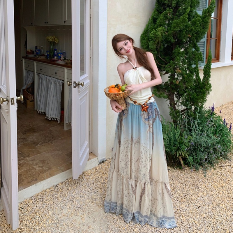 Summer printing halter dress sling slim long dress for women