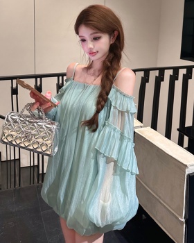Long sleeve bud sling tops lotus leaf edges summer dress