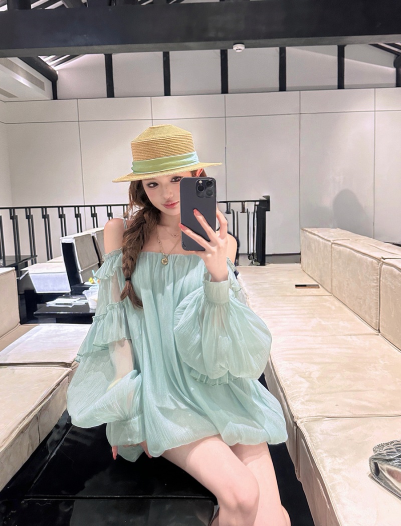 Long sleeve bud sling tops lotus leaf edges summer dress