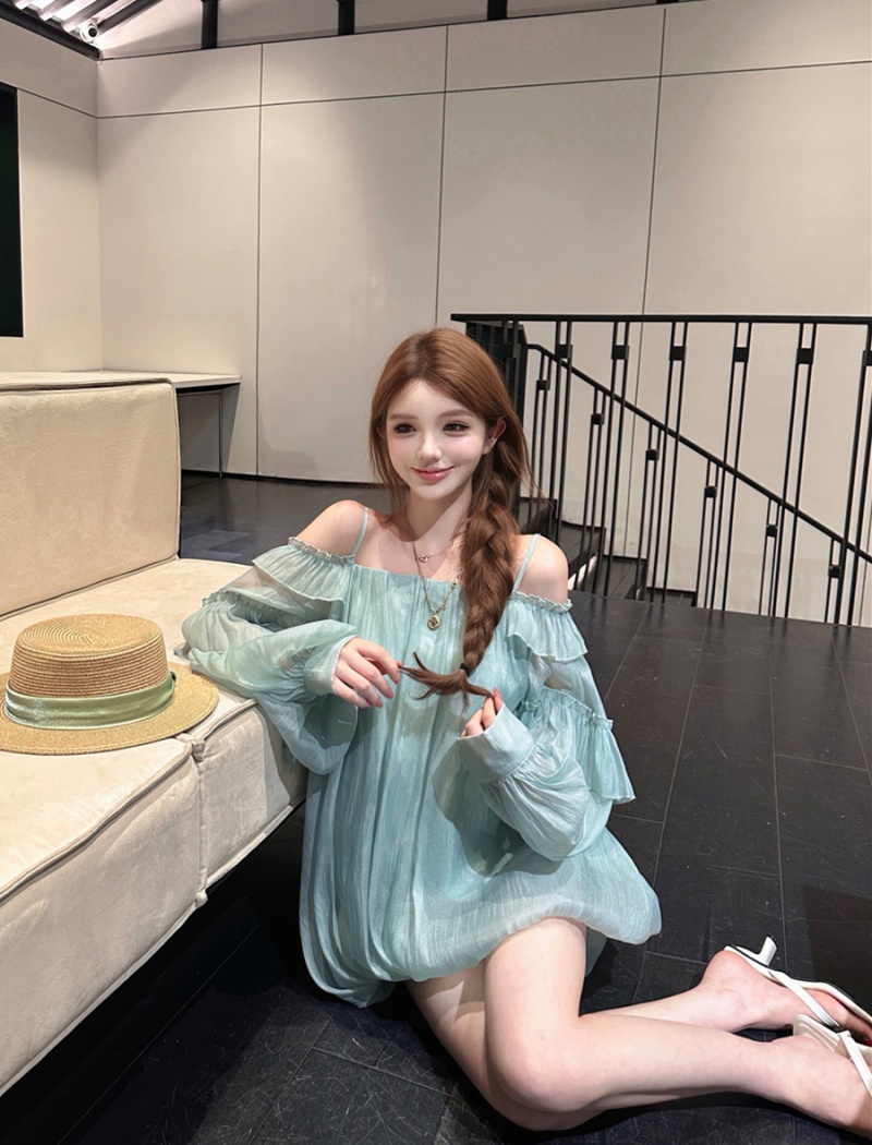 Long sleeve bud sling tops lotus leaf edges summer dress