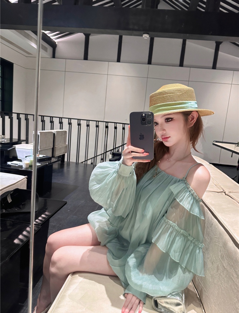 Long sleeve bud sling tops lotus leaf edges summer dress