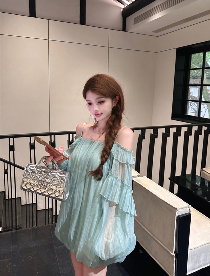 Long sleeve bud sling tops lotus leaf edges summer dress