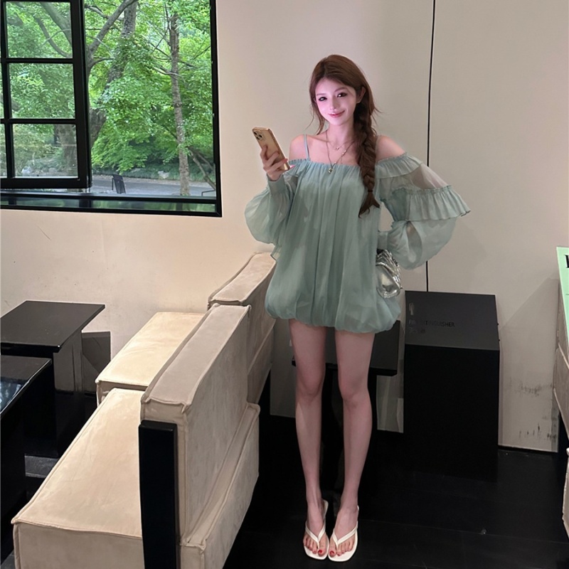 Long sleeve bud sling tops lotus leaf edges summer dress