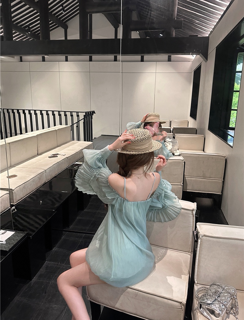 Long sleeve bud sling tops lotus leaf edges summer dress