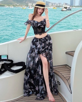 Flat shoulder sexy tops summer skirt a set