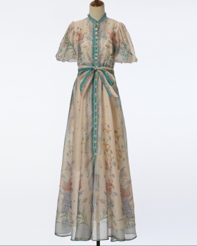Pinched waist dress puff sleeve long dress