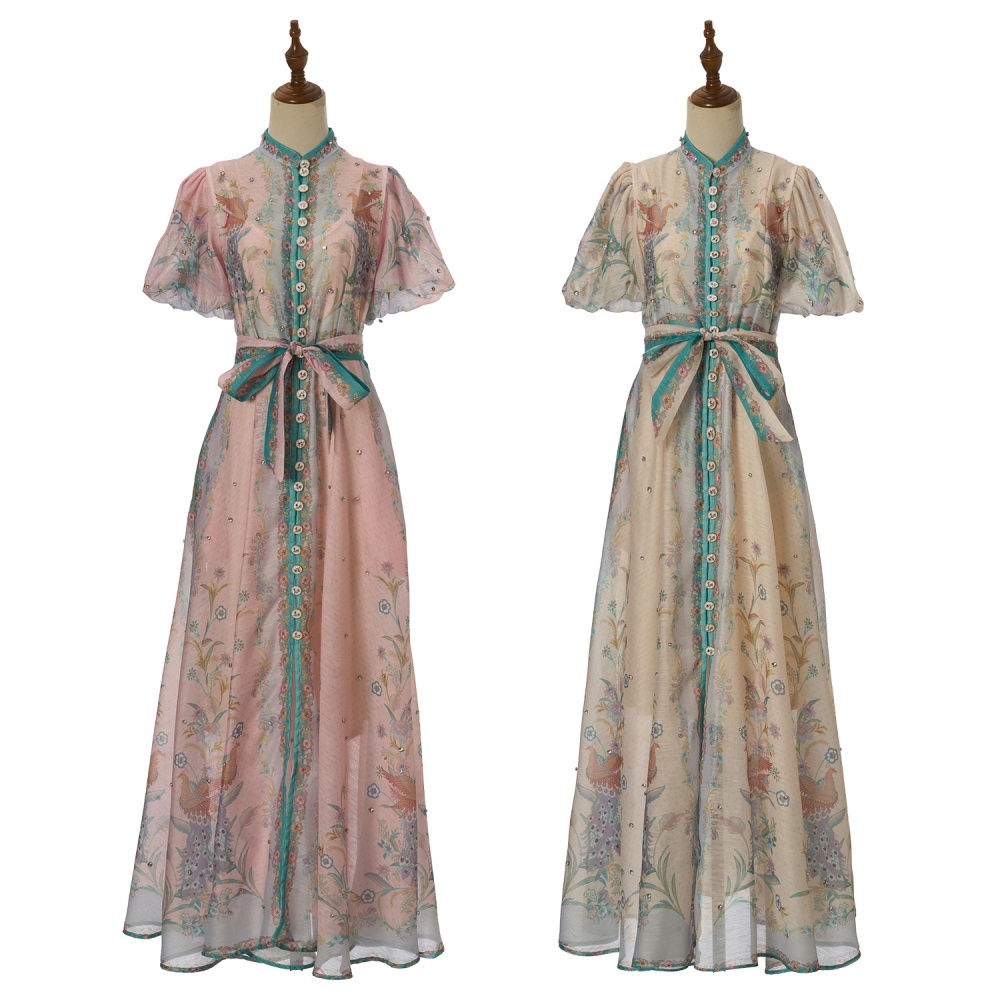 Pinched waist dress puff sleeve long dress