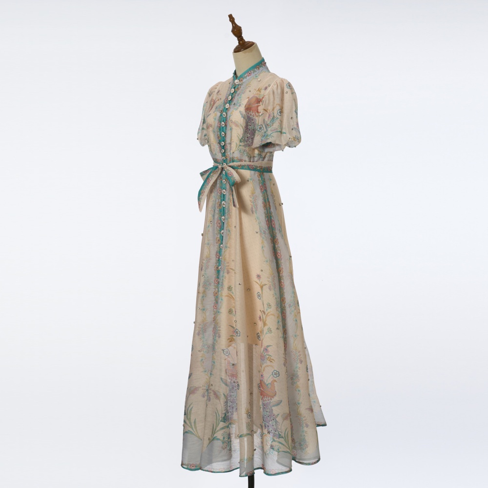 Pinched waist dress puff sleeve long dress