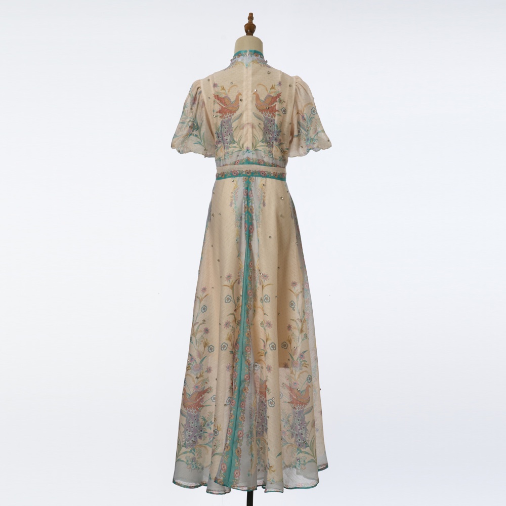 Pinched waist dress puff sleeve long dress