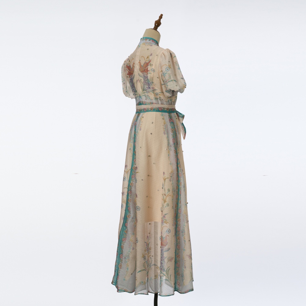 Pinched waist dress puff sleeve long dress