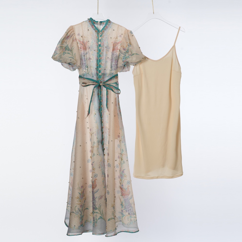 Pinched waist dress puff sleeve long dress