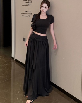 Short sleeve tops pinched waist long skirt 2pcs set