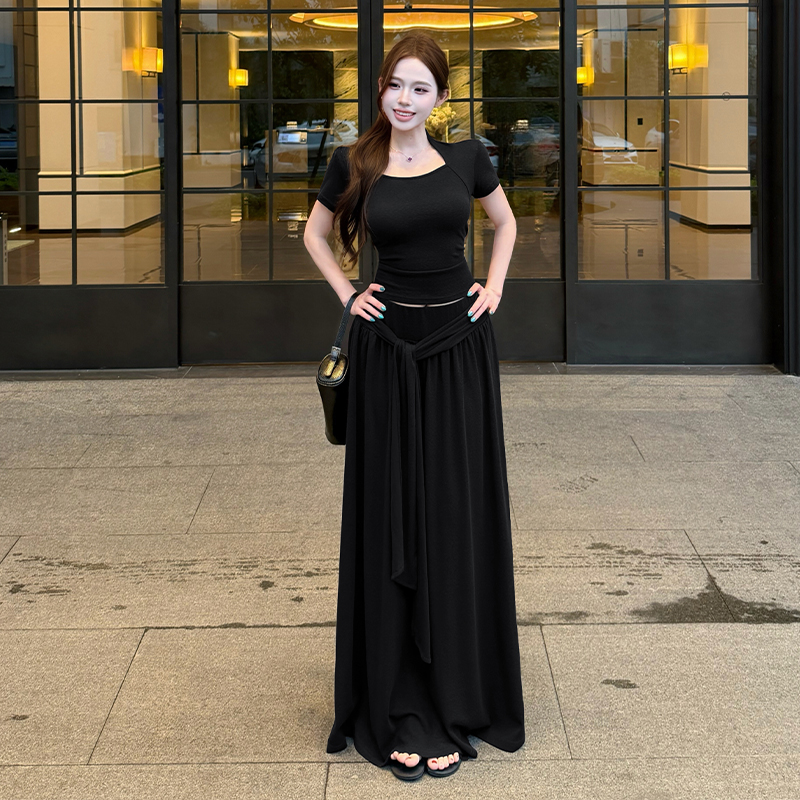 Short sleeve tops pinched waist long skirt 2pcs set