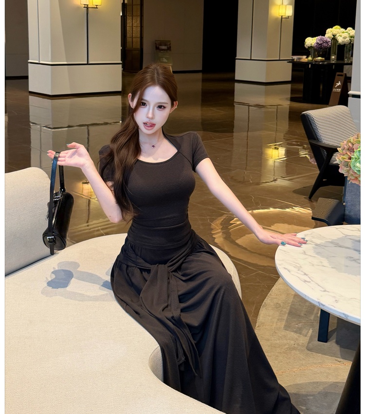 Short sleeve tops pinched waist long skirt 2pcs set