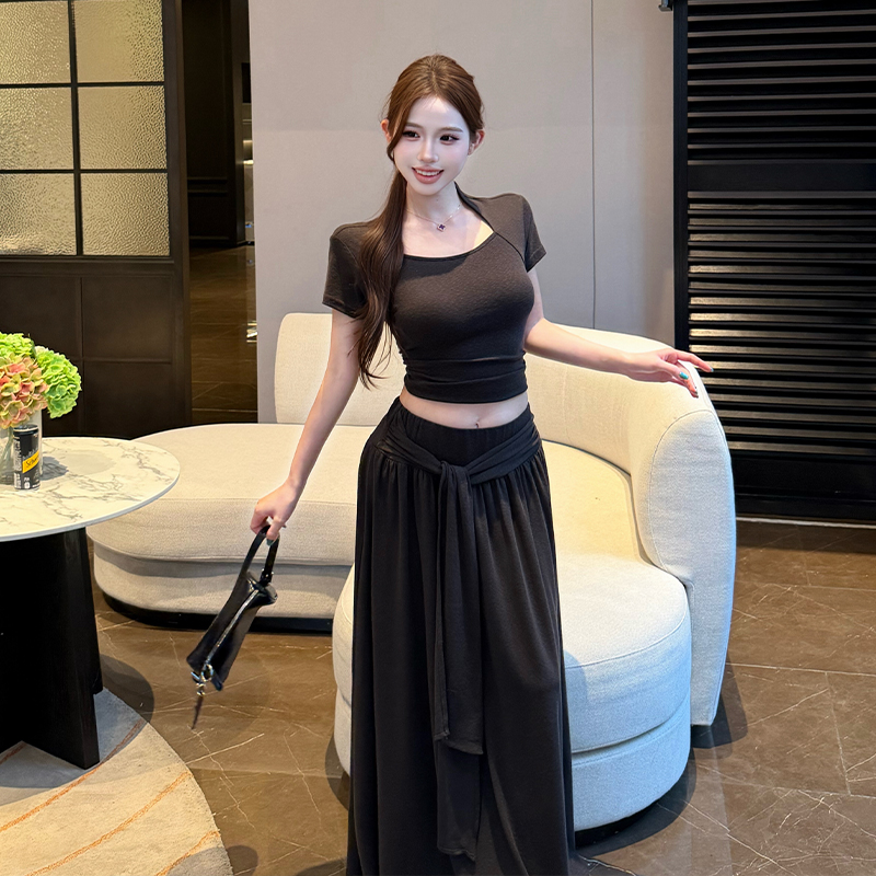 Short sleeve tops pinched waist long skirt 2pcs set