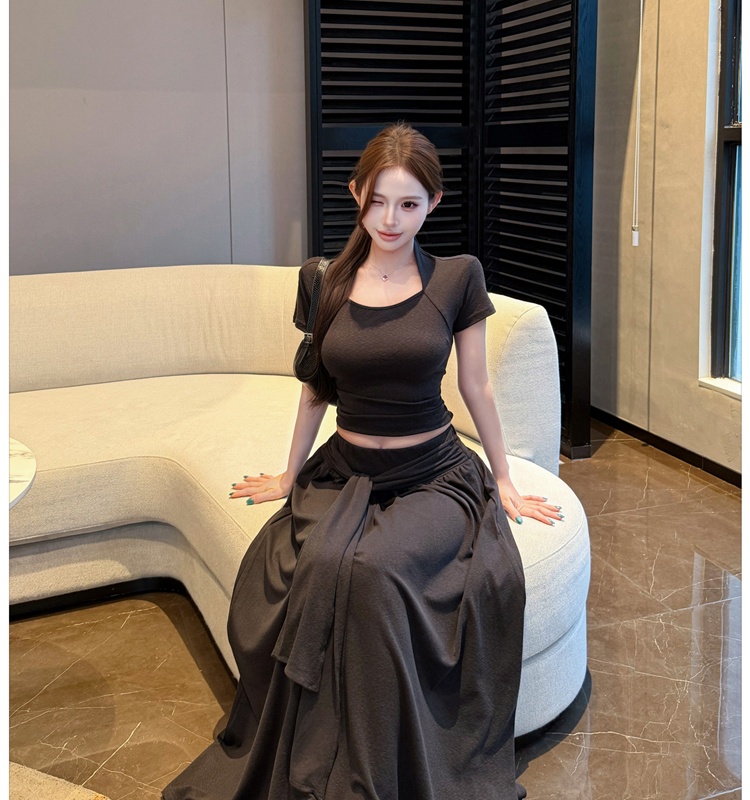 Short sleeve tops pinched waist long skirt 2pcs set