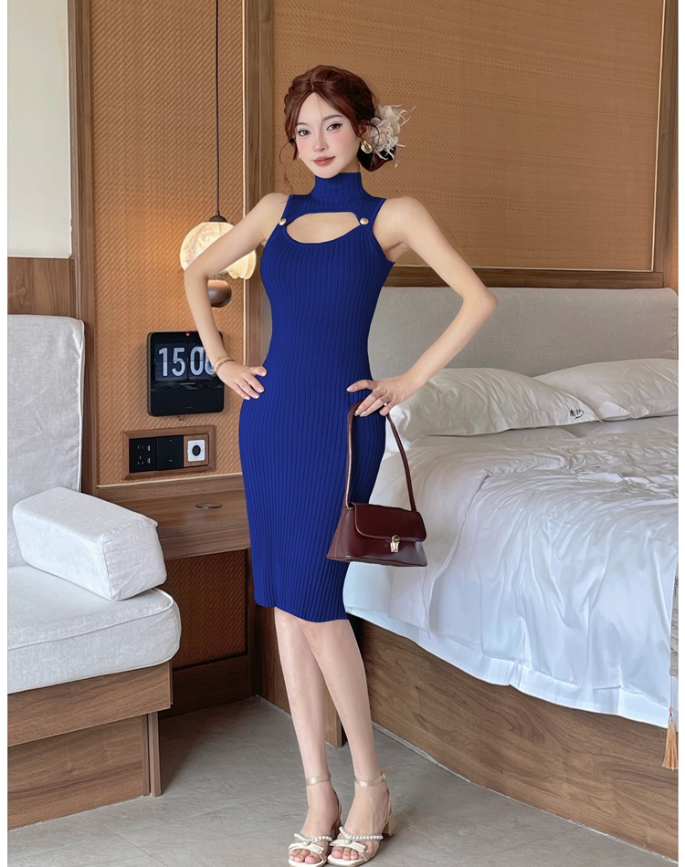 Chest hollow small high collar sexy long dress for women