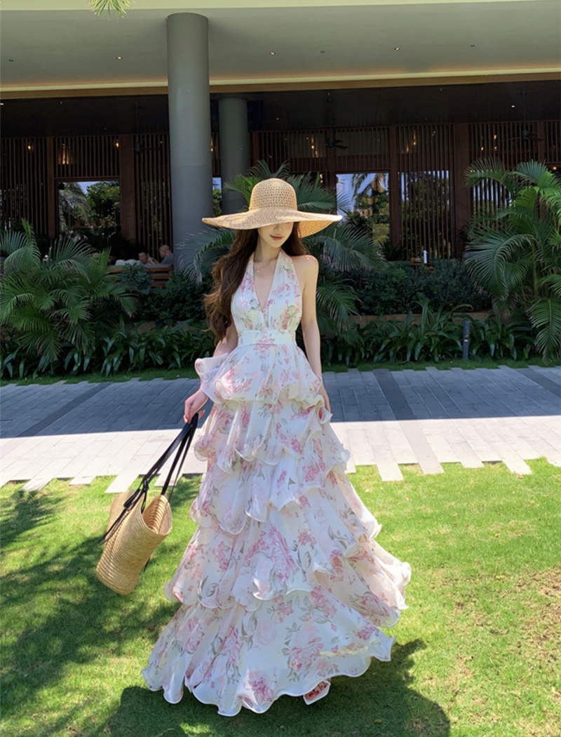 Vacation sexy summer long dress sling V-neck dress for women