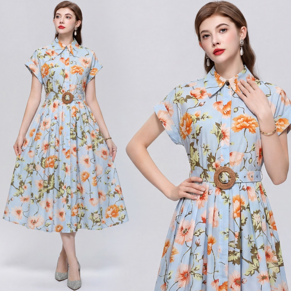 With belt shirt pinched waist dress for women