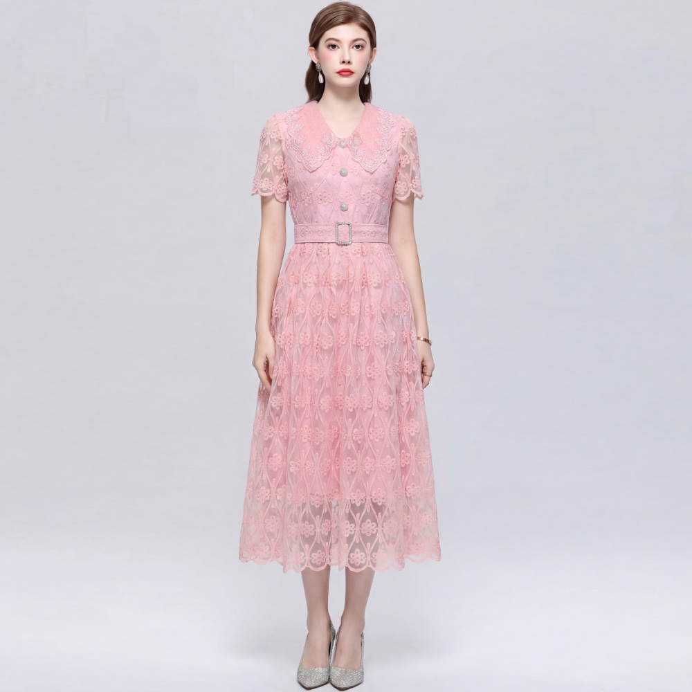 Lace elegant long dress pinched waist dress