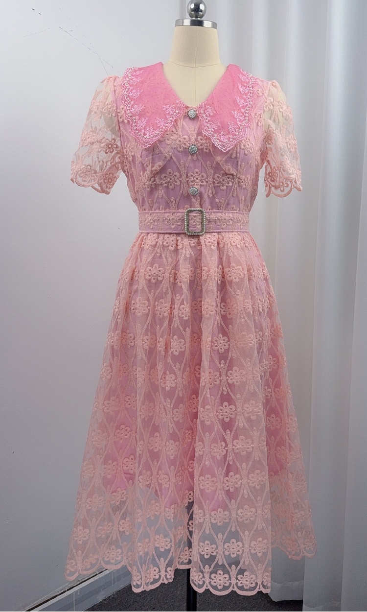 Lace elegant long dress pinched waist dress