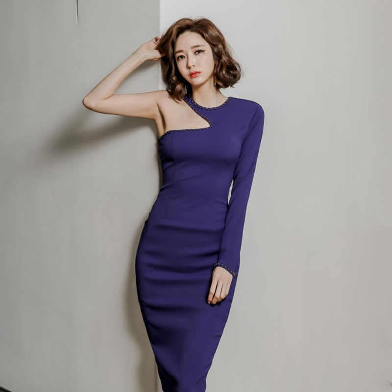Slim long sleeve dress temperament purple long dress