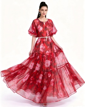 Pinched waist chiffon printing France style dress