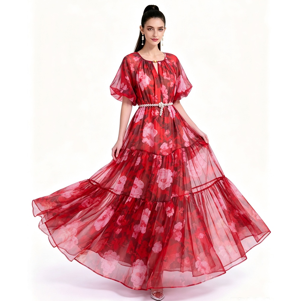 Pinched waist chiffon printing France style dress