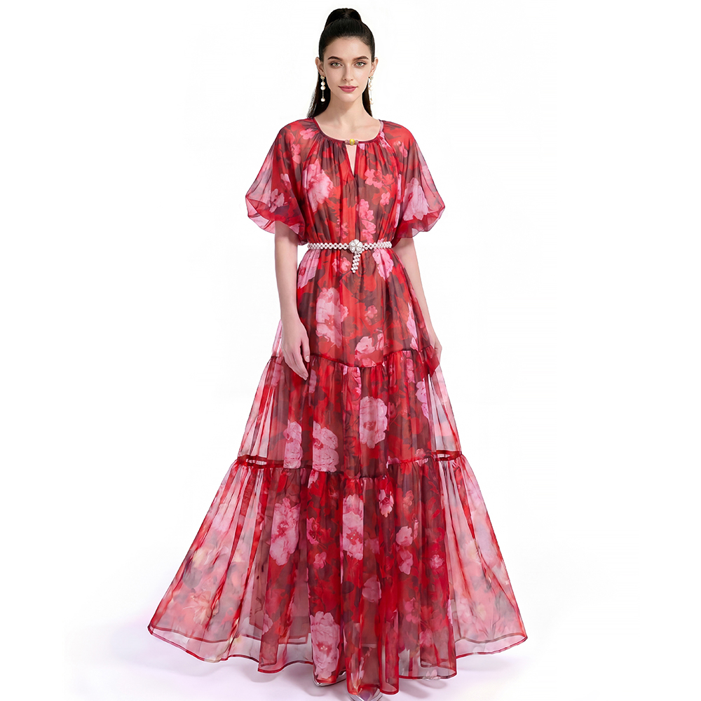 Pinched waist chiffon printing France style dress
