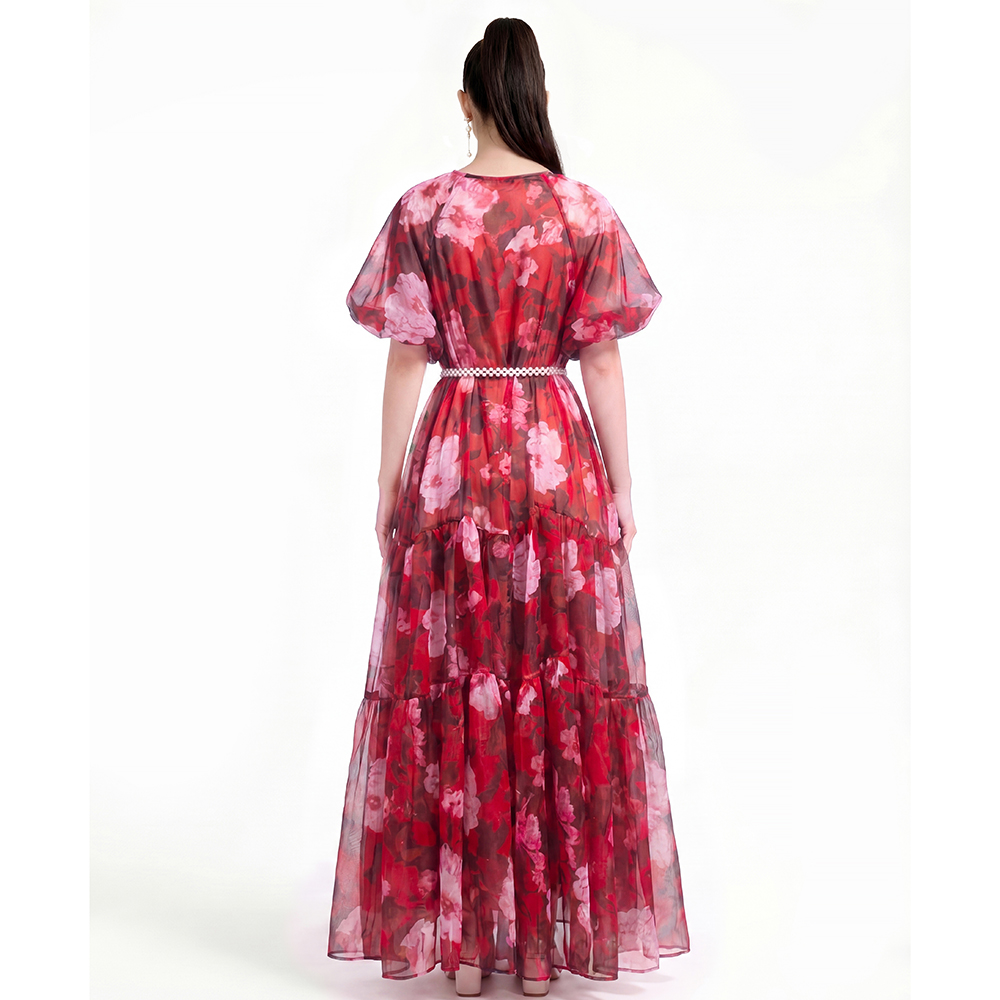 Pinched waist chiffon printing France style dress