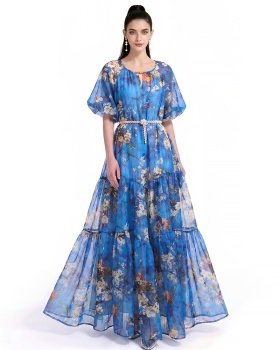 France style printing pinched waist chiffon dress