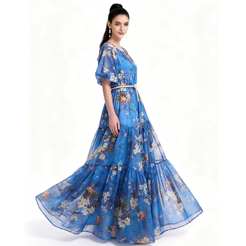 France style printing pinched waist chiffon dress
