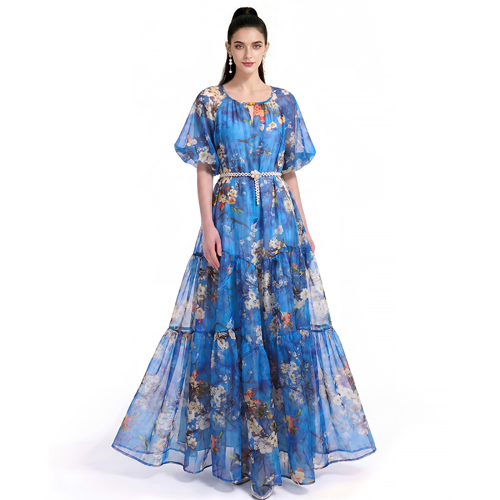 France style printing pinched waist chiffon dress