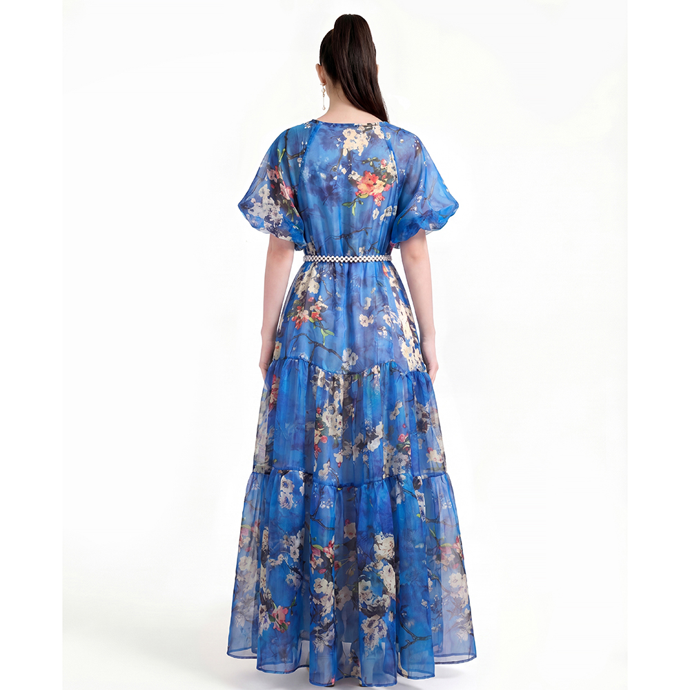 France style printing pinched waist chiffon dress